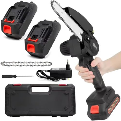 Mini Motosega a Batteria Portatile Sega a Batteria per potatura con Caricatore veloce + 2 Batterie Maneggevole Potatura Senza Filo Taglio Legno Rami, Doppia Batteria 2 x 21V