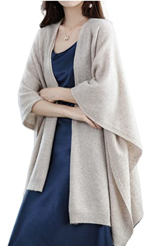 Scialle Wrap Plus Size Cardigan 100% lana merino poncho mantello autunno inverno aperto maglione cappotto, Cammello chiaro., taglia unica