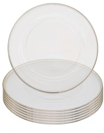 Silver Trim with Diamante & Pearl Flower Design Glass Plates, 6pcs | 33cm (13 Inch) Decorative Dinner Chargers for Table Setting, Wedding, Party, Home & Event Décor, Dinner Table Decoration