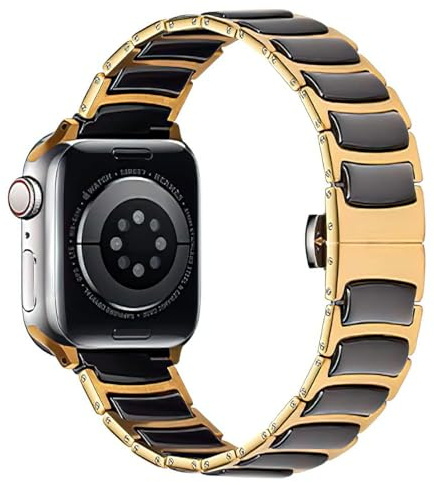 MaKTech Keramiskt Band,Tunt Rostfritt Stål Inlagt Keramiskt Länkarmband,för Apple Watch Serie 11/10/9/8/7,Ultra 3/2/1,SE 3/2/1 [2025] (42mm/41mm/40mm,Guld/Svart)