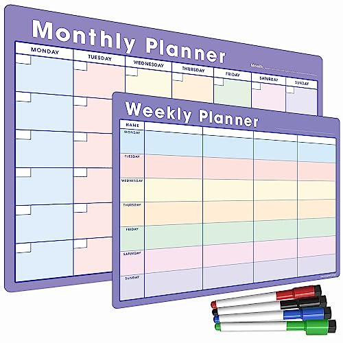 TMS Magnetic Whiteboard Planner Set | A4 Weekly & A3 Monthly Calendars with Memo Board, Shopping & to-Do List Functions | Meal Planner Bundle and 4 Dry Erase Pens with Built-in Erasers