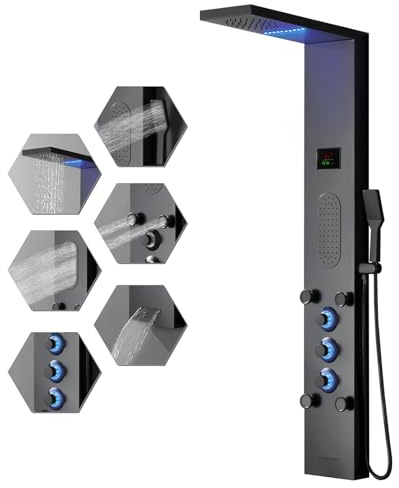 BWE LED Shower Panel,Black Rainfall Shower Panel Tower System,Stainless Steel Shower Tower with Massage Body Jets Tub Spout Wall Mounted Shower Fixtures with Temperature Display
