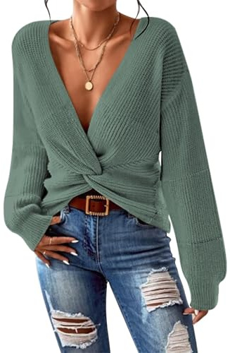 Pink Queen Women's Spring V Neck Wrap Sweater Casual Long Sleeve Oversized Sweater Top Holiday Sexy Lightweight Asymetric Hem Cropped Sweaters Dark Forest Green M