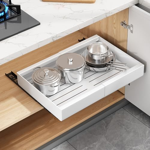SAYZH Teleskopschublade, Ausziehbare Schublade KüChe,KüChenschrank Organizer für KüChenschräNke, Schubladen Organizer, Kein Werkzeug Erforderlich, 43 cm (Tiefe) x 30 bis 50 cm (Breite), Weiß