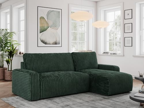MKS MEBLE Ecksofa mit Schlaffunktion und Bettkasten, Schlafsofa L-Form, Schlaffläche 208x132 cm - Argos - Cordstoff, Grün