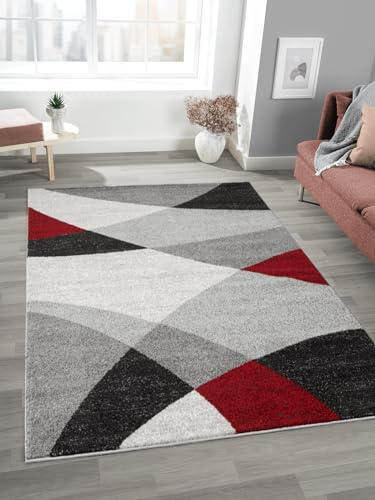 Mia's Teppiche Mosaix - Alfombra Moderna de Pelo Corto para salón y Dormitorio, con Corte de Contorno, diseño geométrico a Cuadros, Color Gris y Rojo, 140 x 200 cm