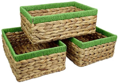 Rectangular Water Hyacinth Small baskets for storage Natural and Green wicker basket shelves open Decorative gift box Small bathroom mini tray makeup bathroom Kitchen organiser (3, large 32cm)