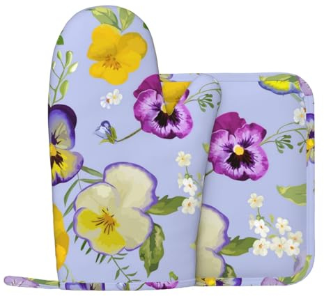 Flores de Pensamiento, Juego de Manoplas y agarraderas para Horno, Guantes de Silicona Antideslizantes Resistentes al Calor para Horno