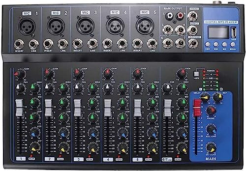 Mesas de mezclas de estudio, mezclador de DJ Mezclador de audio portátil Bluetooth 7 canales con USB Consola de mezcla de sonido DJ Conector MP3 Karaoke Amplificador de 48 V Karaoke KTV Match Party