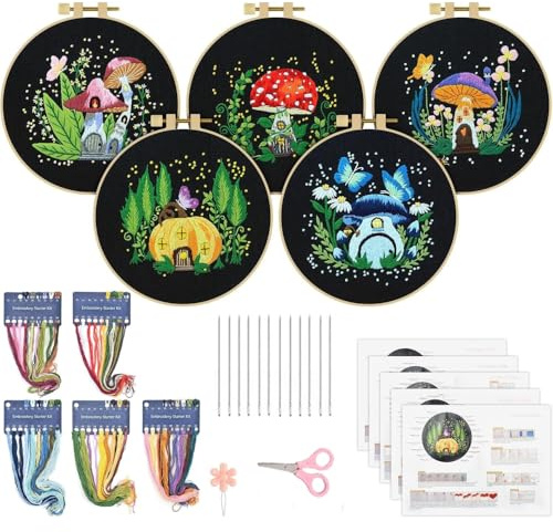 Cachpib 5-teiliges Stickset, Stickmaterial-Set für Erwachsene mit Blumen, Pflanzen, Muster, Kreuzstich-Set mit Stickrahmen, Farbfäden, Werkzeug-Set für Erwachsene und Anfänger