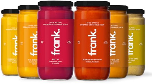 FRANK SOUP I Probierset Suppen | 6 x 350 ml | Tomaten, Brokkoli, Karotten, Süsskartoffel, Rote Linsen, Rote Beete | Vegan & Bio Qualität Suppe I Aus Frischem Gemüse I Ohne Zucker Zusatz & Zusatzstoffe