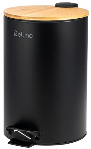 eluno Pattumiera a pedale, 12 litri, con coperchio in bambù Soft-Close, per bagno, cucina, con secchio interno in plastica estraibile, in bambù e metallo (Nero)