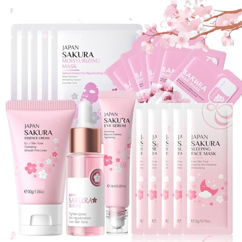 Hautpflege Set für Teenager-Mädchen, Japan Sakura Skincare Set, Anti-aging Gesichtspflege Set, Tägliche Komplett Skin Beauty Set mit Feuchtigkeitscreme, Serum, Augenserum, Gesichtsmaske