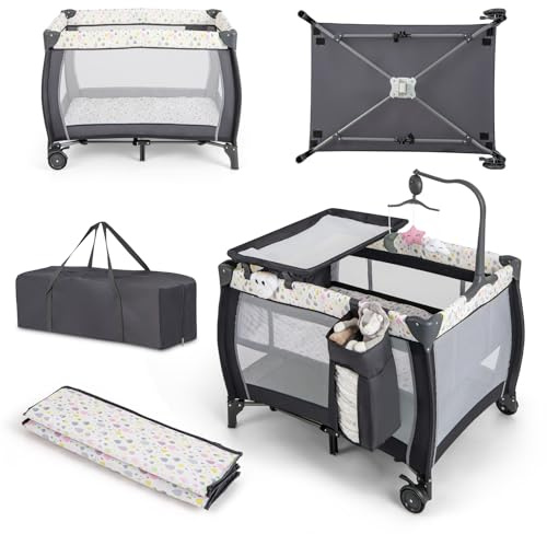 COSTWAY 3 In 1 Lettino da Campeggio per Bambini, Lettino con Materasso Portatile per Neonati, Culla Pieghevole per Neonati con Fasciatoio, Carillon e Ruote con Freno, per Bambini 0-36 Mesi (Colorato)