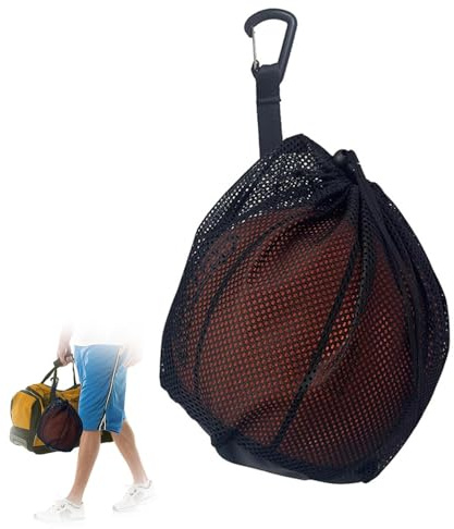 Ball Bags for Football, Single Ball Drawstring Bag, Single Basketball Bag Drawstring Sport Equipment Storage Net with Zipper Pocket Mesh Buckle Clip Sling Backpack for Volleyball Soccer, Black
