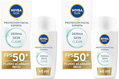 NIVEA SUN Derma Skin Clear Fluido Protector Solar Facial FPS 50+ (1 x 40 ml), crema solar facial ultra ligera con efecto mate, El embalaje puede variar (Paquete de 2)