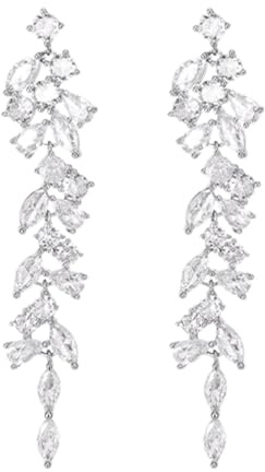 Silver Diamond Dangle Earrings Women - Long Chain Chandelier Drop Crystal Fringe Leaf Design Tassel Bridal Jewelry Girls