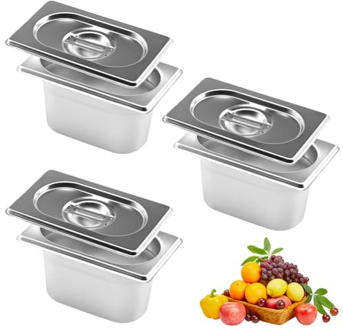 Occzin Panierschalen Set 3-teilig Edelstahl mit Deckel, GN 1/9 Behälter, 17,5 x 11 x 10 cm, Rechteckig, Metall Gastro Behälter für Schnitzel, Fleisch, Fisch, Panierstrasse, Catering und Buffet