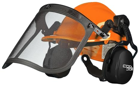COOLJOB Casco de motosierra 3 en 1 con protector facial de malla de metal, orejeras ajustables para protección auditiva, color naranja