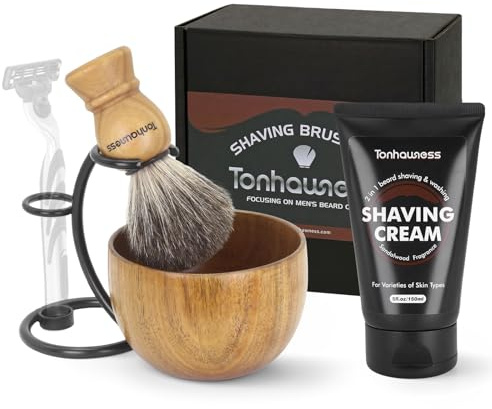 Kit de brochas de afeitar para hombre, juego de brochas de afeitar 4 en 1, incluye cepillo de afeitar de pelo de tejón, cuenco de madera, crema de afeitar y soporte de acero inoxidable