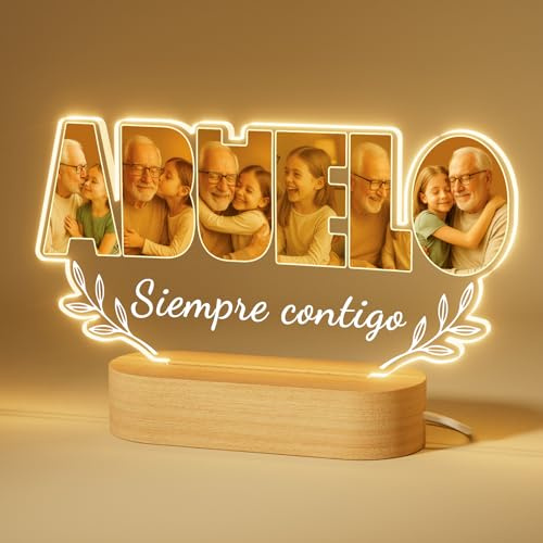 iDIY Luz Nocturna Personalizada para Abuelo - Regalo para Día de los Abuelos, Cumpleaños, Navidad - Lámpara LED con Foto y Texto Grabados