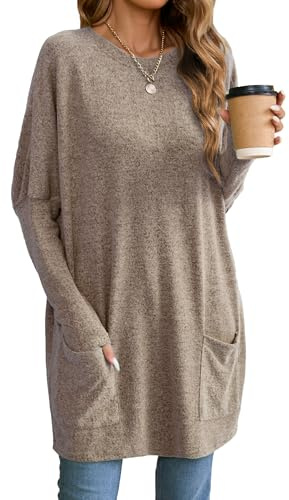 Famulily Women’s Long Sleeve Crewneck T Shirt Outfits Oversized Pullover Sweatshirt Fashion Batwing Tunics Brown XXL