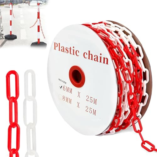 25m Absperrkette Rot Weiß Kunststoff: 6 mm Stärke Kette zum Absperren Warnkette aus Kunststoff für Baustelle Parkplatz Warteschlangen und Auftragspflege (1 Rollen)