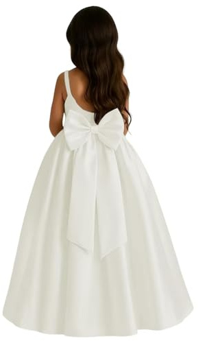 UZN Flower Girl Dresses for Girls Satin Long 1st Communion Dress Ivory Kids Princess Pageant Birthday Party Dance Gown with Bowknot Round Neck US6