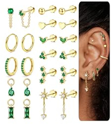 KRFY Helix Piercings Hypoallergene Chirurgenstahl Ohrringe Damen Gold Silber Medizinische Ohrringe Ohrstecker Set 14K Vergoldet Kleine Creolen Knorpel Piercing Ohr CZ Herz Conch Tragus Piercings G2