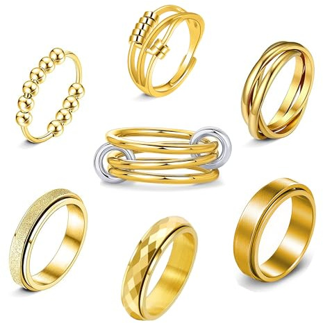 LOFITOR 7 Stück Anti Stress Fidget Ringe Anxiety ADHS Ring Set für Damen | Gold Silber Drehbare Spinner Anti Angst Swivel Ringe Aus Edelstahl Für Damen Und Herren Mit Zirkonia, Mond, Kreuz