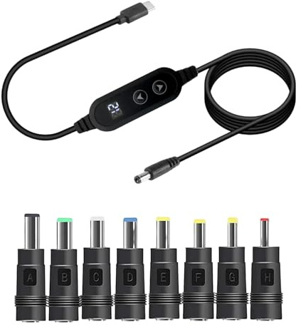 Cable Alimentación Adaptador PD/USB a DC 5.5x2.1mm - Voltaje Ajustable 5V/9V/12V/15V/20V, con 8 Conectores DC, Compatible con Cargador Universal para Portátiles, Enrutadores y Más (1,2M)