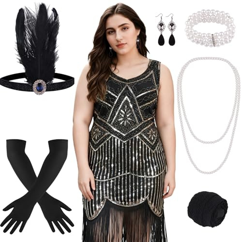 ELECLAND Abito con frange con paillettes con scollo a V anni '20 e set di accessori anni '20 (Black and Gold (style 2), Large)