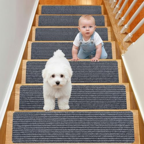 Xtrillogen 15 Pack Stair Treads Carpet,Reusable Non Slip Matting,Cut to Size Peel and Stick Stair Treads,Rectangular Carpet Runner for Children and Elderly Safety(Dark Gray)