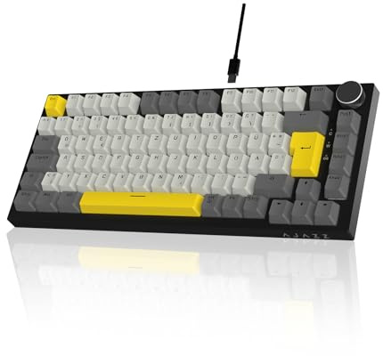 AJAZZ AK820 Wired Mechanical Keyboard, 75% Gaming Keyboard with Volume Control Knob, German QWERTZ Layout, 82 Keys, Five-Layer Sound Insulation Pad, RGB Backlight, Full-Key Hot Swap, Grey White Yellow