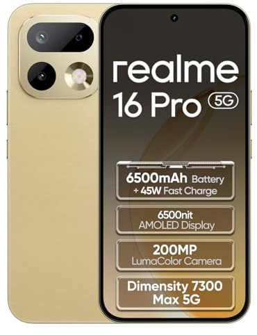 realme 16 Pro 5G Smartphone 8+256GB,Or Master,MediaTek Dimensity 7300 Max,6,78 144Hz AMOLED,200MP OIS caméra arrière,50MP caméra Frontale,6500mAh,80W Charge Ultra Rapide,NFC,IR,eSIM,IP69