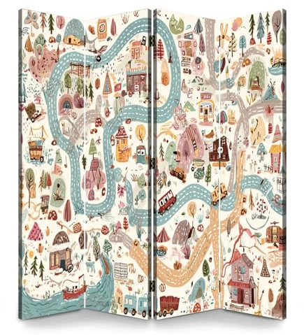 4 Panels Folding Screen Room Divider Children s World Map Travel Around World Play mat for Kids Baby Land Boho Divider for Room Separation Portable Privacy Partition Screen Indoor