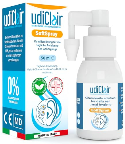 Spray Oreilles pour Bouchon de Cérumen 50ml UdiClair SoftSpray - Spray Auriculaire Adulte Enfant Dissolution Rapide Prévient Bouchons de Cérumen - Solution Isotonique à La Camomille Made in Italy