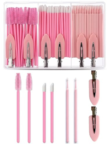 YSDINK Bâtons de Mascara Jetables Goupillon Cils, Coffret de Maquillage Inclut 50 Brosses Cils et Sourcils, 50 Pinceaux à Lèvres, 100 Micro-Pinceaux de Maquillage, 6 Pinces à Cheveux (Rose)