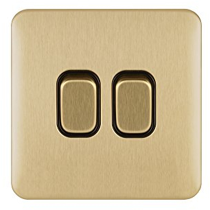 Schneider Electric Lisse Screwless Deco - Double 2 Way Light Switch, 10AX, GGBL1022BSB, Satin Brass with Black Insert