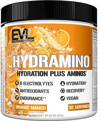 Evlution Nutrition HYDRAMINO Complete Hydration Multiplier, 6 Electrolytes, Vitamin C & B, Fluid Boosting Aminos, Coconut Water, Endurance, Recovery, Antioxidants, 30 Serve, Orange Mango (Dye Free)
