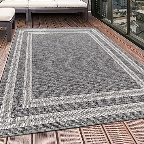 HomebyHome In- & Outdoor Teppich Läufer 60x100 cm, Wetterfest & Robust, Modernes Bordüren-Design in Grau & Creme, Rechteckig für Terrasse, Balkon, Küche, Bad & Wohnzimmer