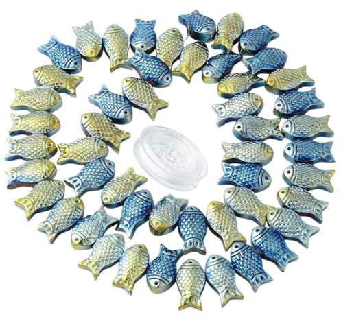 SUNNYCLUE 1 Box 50 Stück Fisch Perlen Blaues Glas Meer Ozean Tier Fische Geschnitzte Voll Überzogene Gefrostete Galvanisierte Charms Elastischer Faden Für Die Schmuckherstellung DIY Armbänder