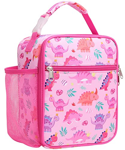 Bagseri Kids Lunch Bag for Girls - Insulated Kids Lunch Box for School | Water Bottle Pocket, Leak-Proof, Clip-on Handle, Kids Cool Bag for Packed Lunches, Picnics, Days out, Pink Dinosaur
