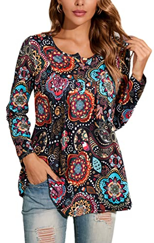 Enmain - Blusa a tunica da donna, casual, a maniche lunghe, con scollo a V, blusa taglie forti con bottoni, motivo floreale, taglie S-3XL, Fiore nero 2, M