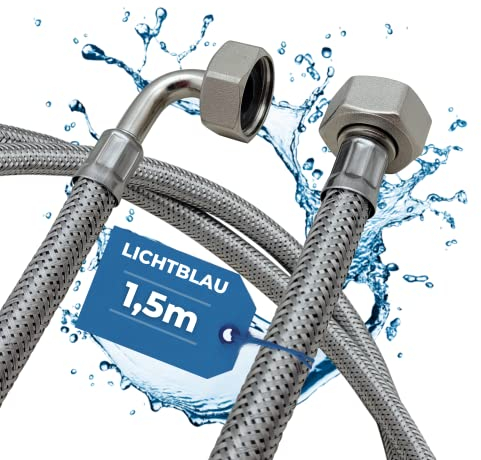 Lichtblau Manguera de entrada de acero inoxidable resistente a dobleces, 1,5 m, conexión de 3/4 pulgadas, lavadora y lavavajillas, manguera blindada angular/recta, incluye junta, uso universal