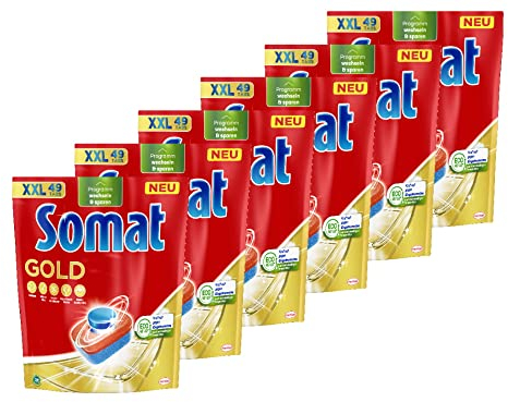 Somat Gold Spülmaschinen Tabs (6x49 Tabs), Geschirrspül Tabs für strahlend sauberes Geschirr auch bei niedrigen Temperaturen, Extra-Kraft gegen Eingebranntes
