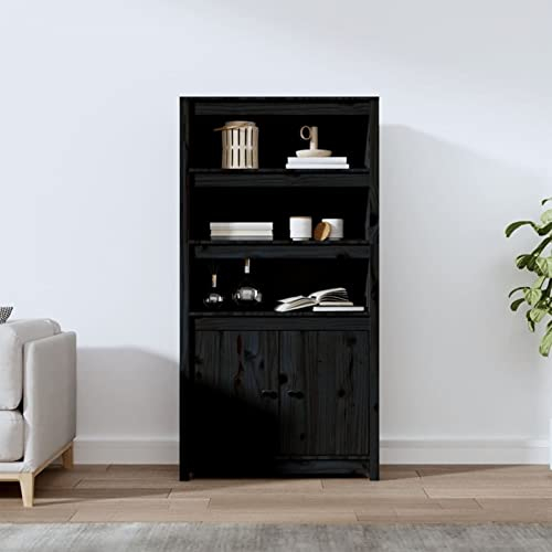 ZHOUMIN Highboard, Buffetschrank, Mehrzweckschrank, Bücherschrank, Hochschrank, Vorratsschrank, Wohnzimmerschrank, Sideboard, Küchenschrank, Schwarz 80x35x154 cm Massivholz Kiefer