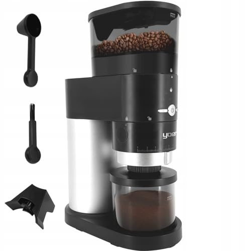 Yoer Elektrische Kaffeemühle 150W, Scheibenmahlwerk, automatisch | 43 Mahlstufen, kegelförmig, aus Stahl, Mulino BCG01BK, schwarz