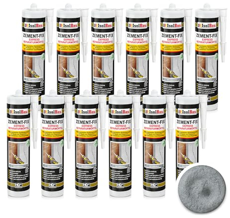 Isolbau Zement-Fix 12 x 300 ml Betongrau Express Reperaturmörtel - Dichtungsmasse für Fugen & Risse im Innen- & Außenbereich, Kartusche
