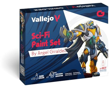 Vallejo Sci-Fi Paint Set, 12 Colores Vibrantes, Incluye Figura Exclusiva de 28 mm, Ideal para Miniaturas y Efectos Lumínicos, Game Color Series by Ángel Giráldez